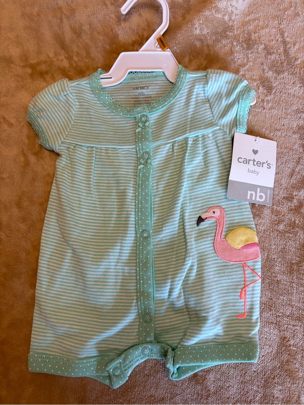 Carter's Striped Flamingo Romper in Green & White Baby 0-3M NWT